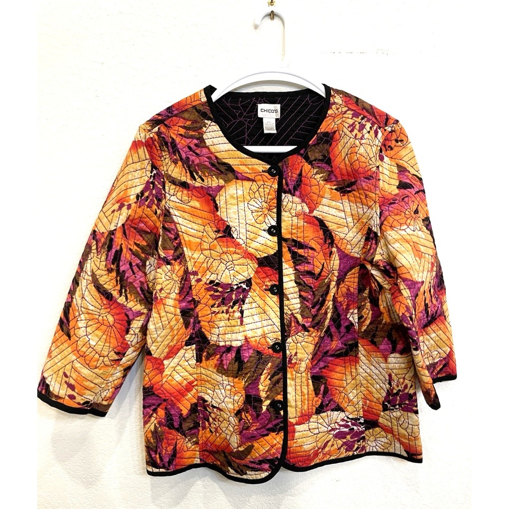 Chico's 2 Jacket Blazer Orange Black Embroidered Floral Large 12 Office Layering